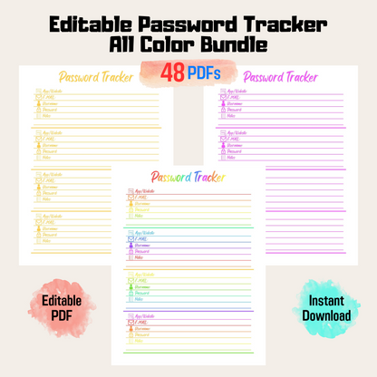 Editable Password Tracker Rainbow Color, Password Keeper, Password Organizer, Password Log, A4/A5/Letter/Half Size, Instant Download PDF