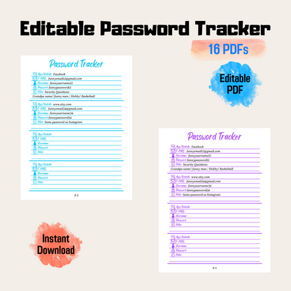 Editable Password Tracker Rainbow Color, Password Keeper, Password Organizer, Password Log, A4/A5/Letter/Half Size, Instant Download PDF