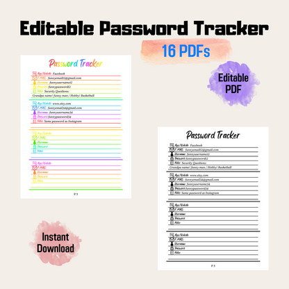 Editable Password Tracker 1: Rainbow Color