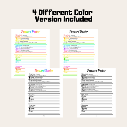 Editable Password Tracker 1: Rainbow Color 4 Versions Included