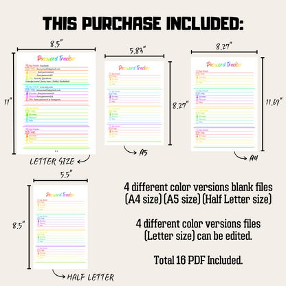 Editable Password Tracker 1: Rainbow Color Product Information Details And Print Out Size Demo