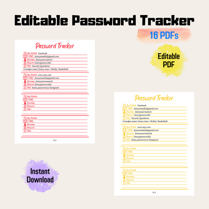 Editable Password Tracker Rainbow Color, Password Keeper, Password Organizer, Password Log, A4/A5/Letter/Half Size, Instant Download PDF