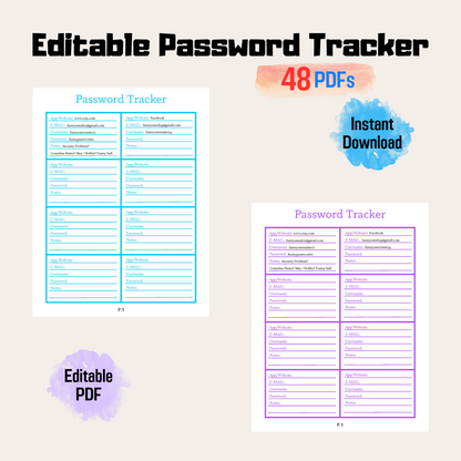 Editable Password Tracker Printable Rainbow Color, Password Organizer, Password Tracker Printable, Password Log, Password Template PDF