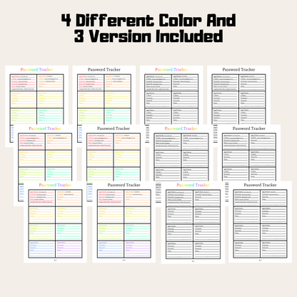 Editable Password Tracker 2: Rainbow Color 4 Different Color and 3 Versions Included
