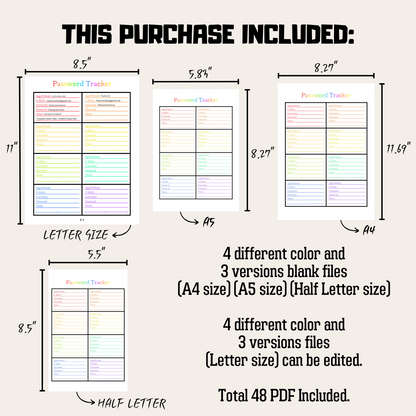 Editable Password Tracker 2: Rainbow Color Product Information Details And Print Out Size Demo
