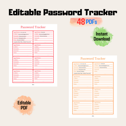 Editable Password Tracker Printable Rainbow Color, Password Organizer, Password Tracker Printable, Password Log, Password Template PDF
