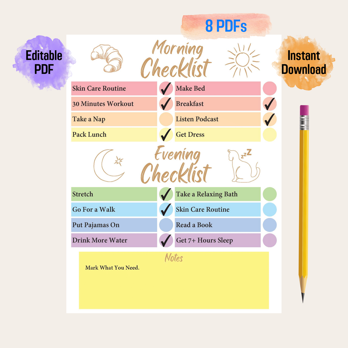 Editable Self Care Checklist 1: Rainbow Color
