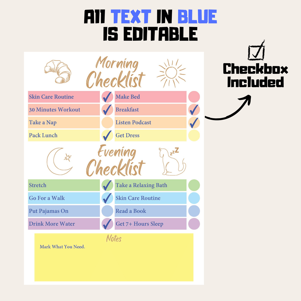 Self Care Checklist For Editable Morning Routine List, For Skincare Ro ...