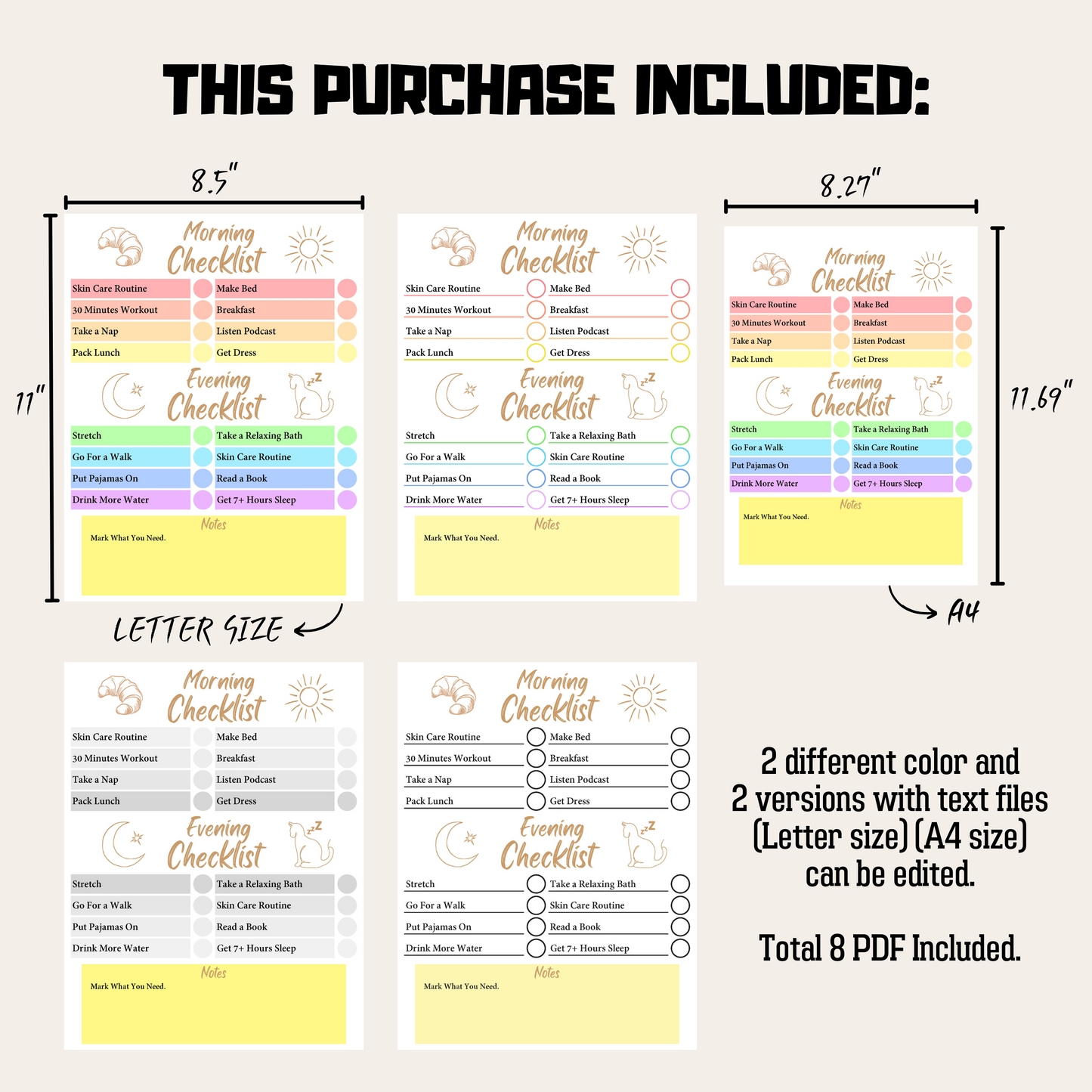 Editable Self Care Checklist 1: Rainbow Color Product Information Details And Print Out Size Demo