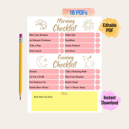 Self Care Checklist For Editable Morning Routine List, For Skincare Routine Template, For Fillable Routine Printable, Instant Download PDF