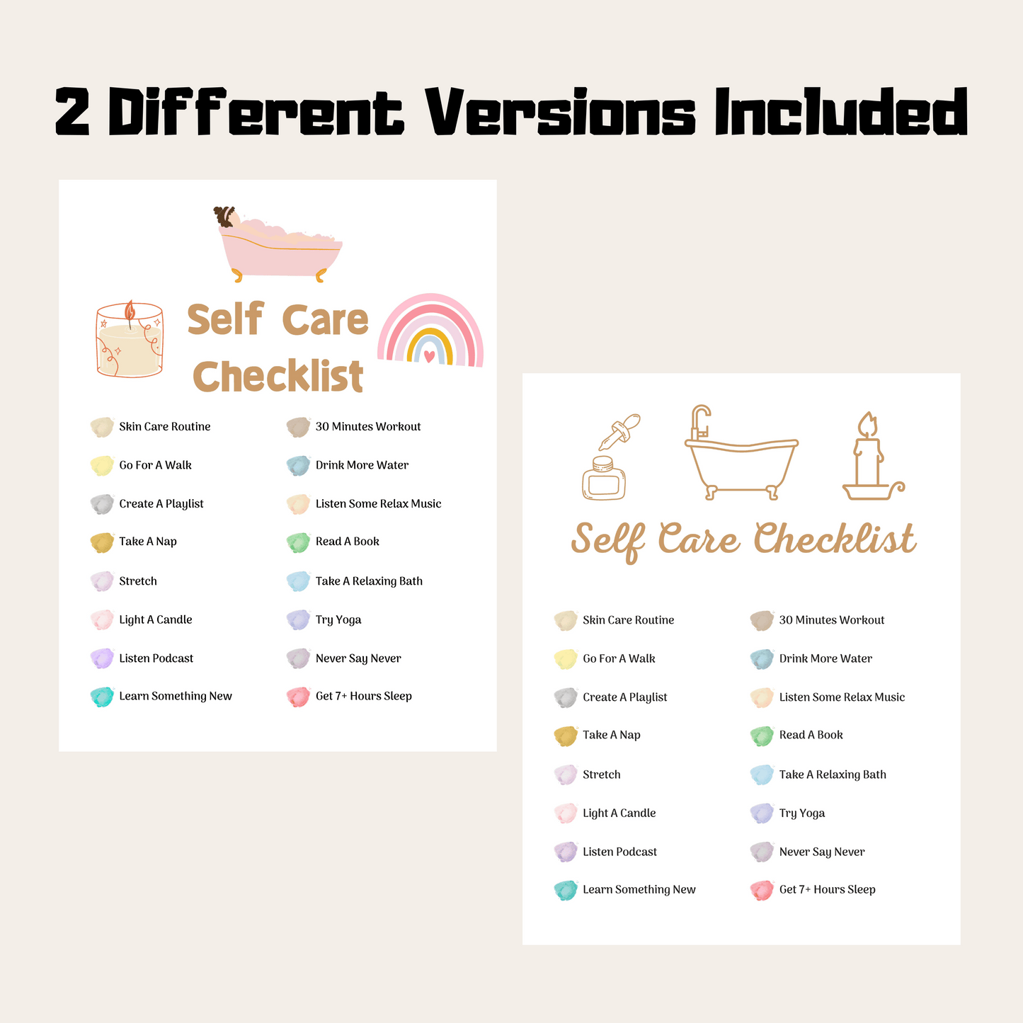 Editable Self Care Checklist 2: 2 Versions Included