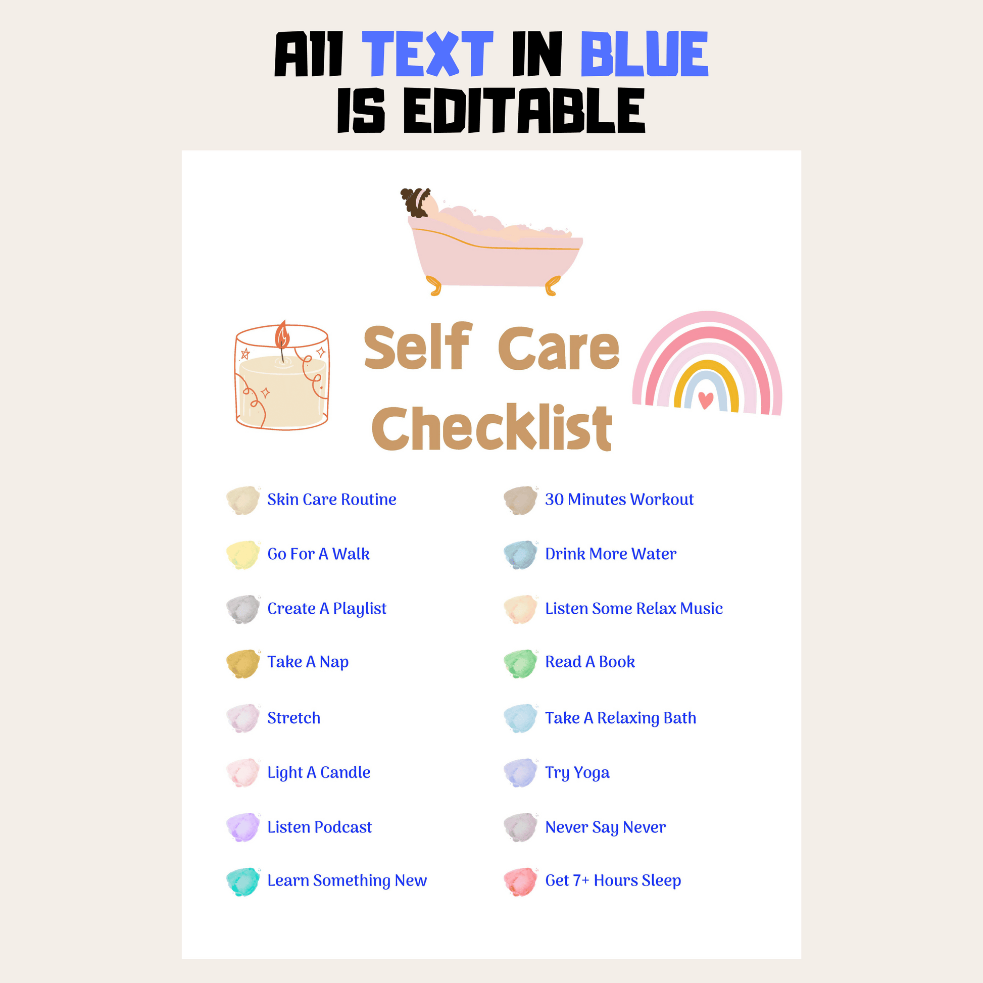 Editable Self Care Checklist 2: Editable Demo Display