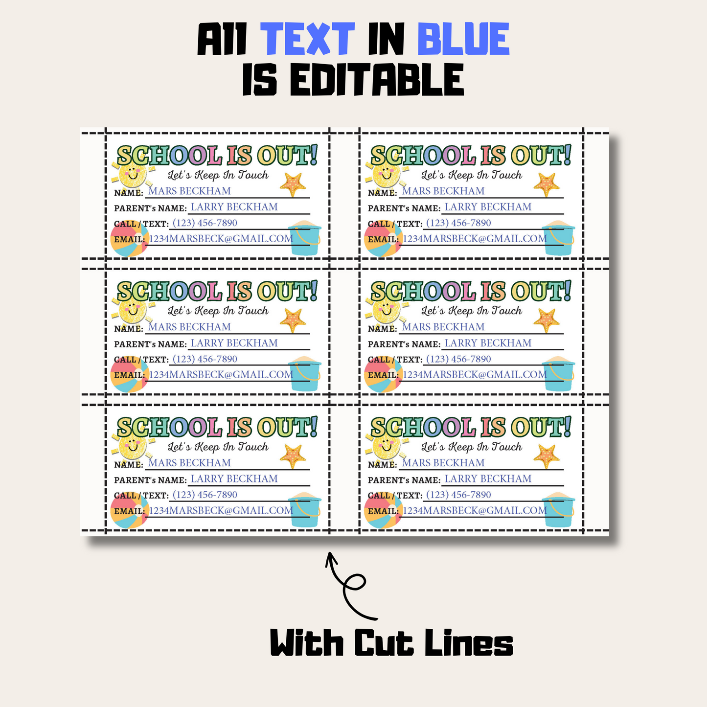 Editable Summer Contact Cards 1: Editable Demo Display