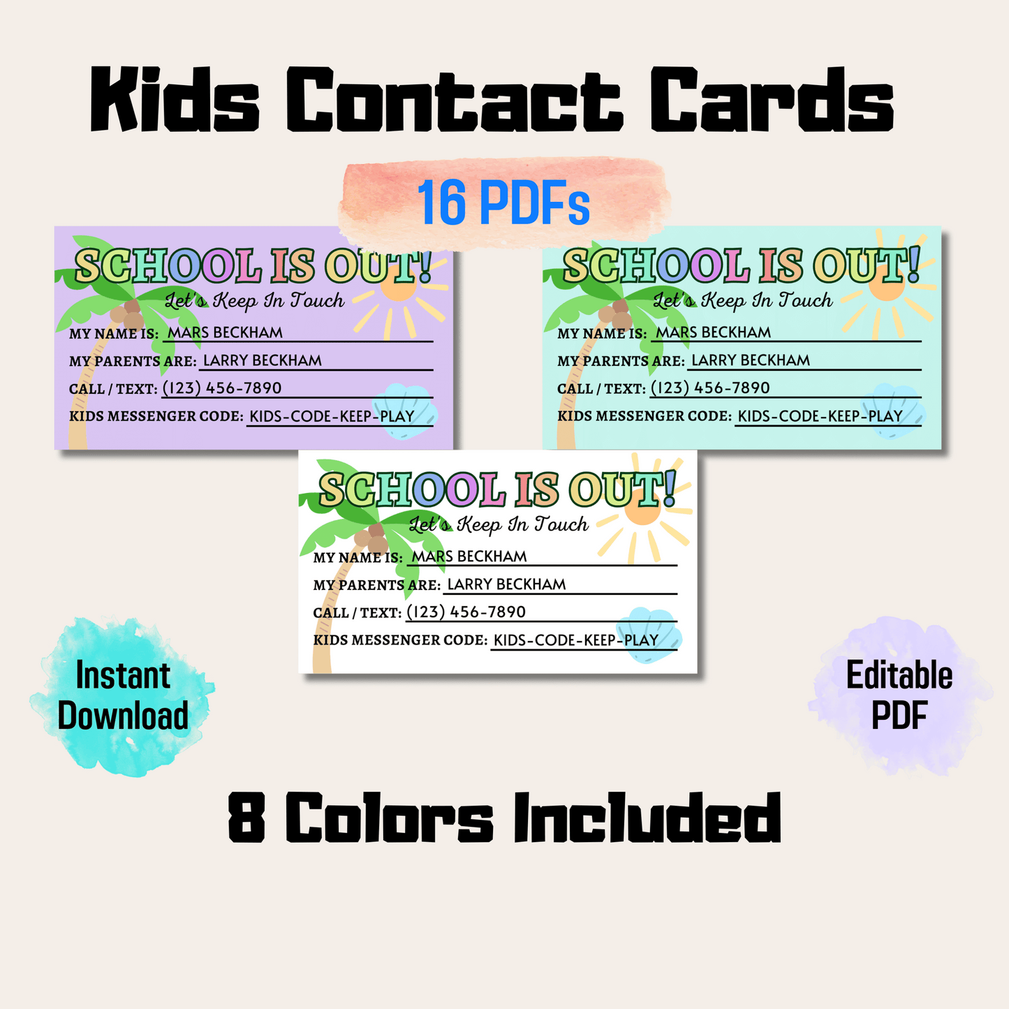 Editable Kids Contact Card, Keep In Touch Cards, Perfect for School Friends and Summer Camps