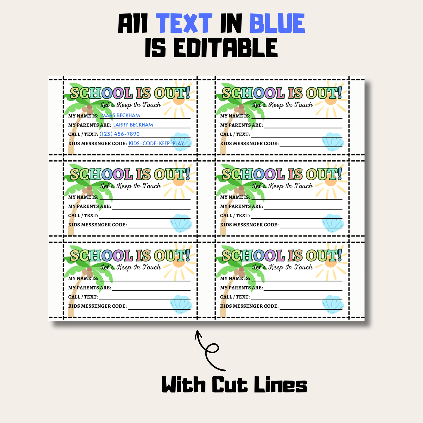 Editable Kids Contact Card, Keep In Touch Cards, Perfect for School Friends and Summer Camps