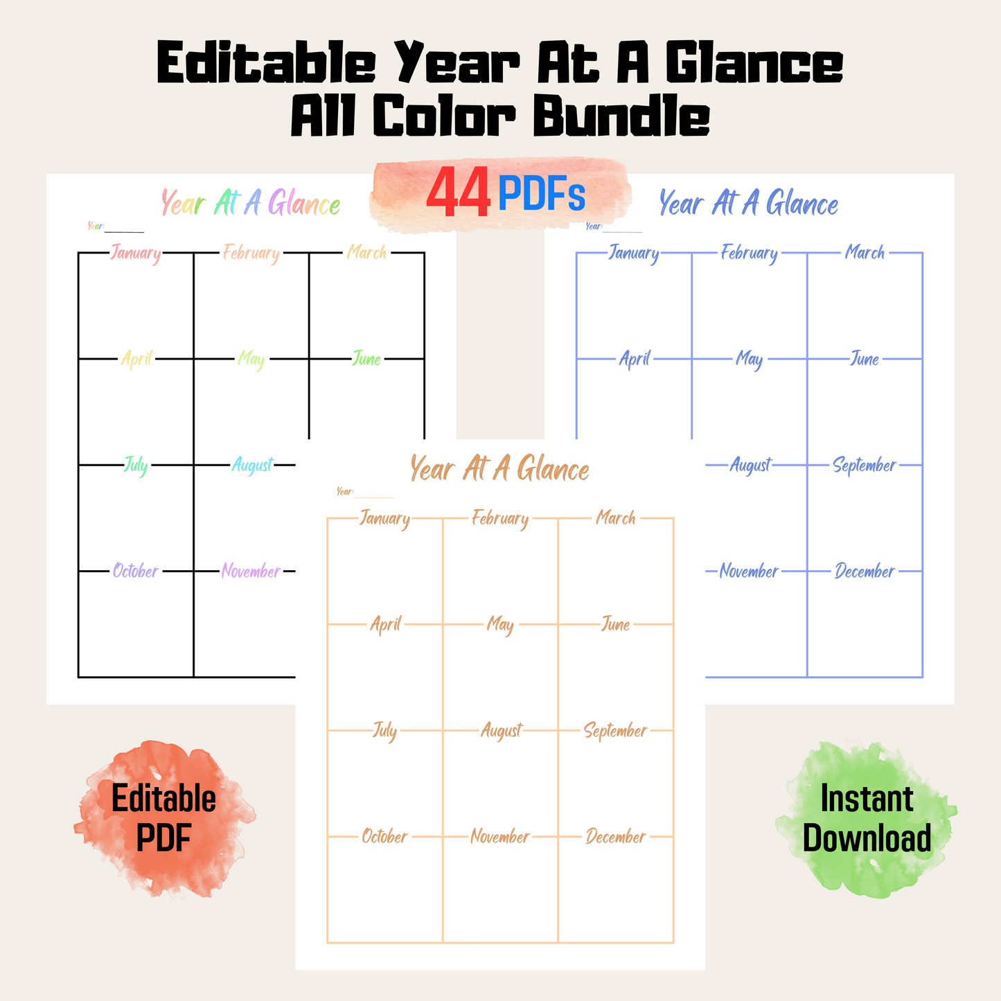 Rainbow Color Year at a Glance Editable Printable Planner, Year Calendar 12 months, Printable Calendar, Annual Overview, Instant Download