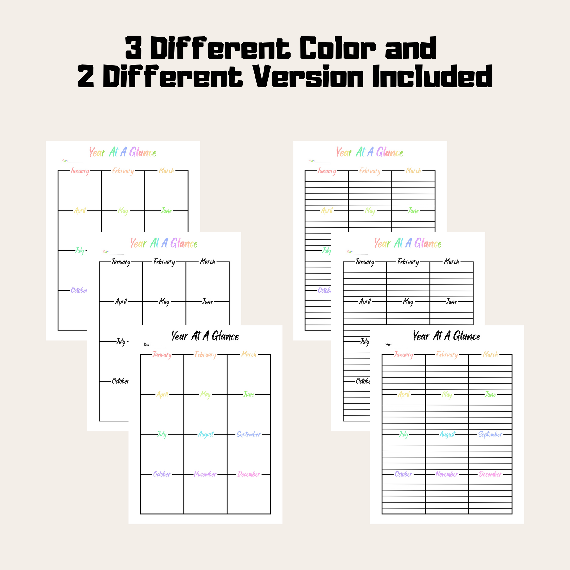 Editable Year At A Glance 1: Rainbow Color 3 Color and 2 Versions Included