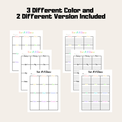 Editable Year At A Glance 1: Rainbow Color 3 Color and 2 Versions Included