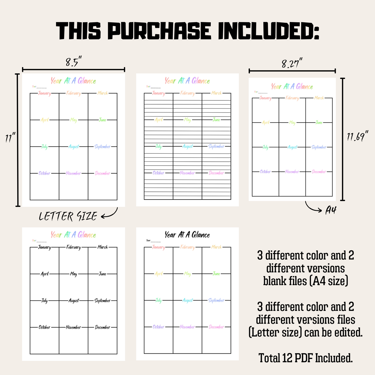 Editable Year At A Glance 1: Rainbow Color Product Information Details And Print Out Size Demo