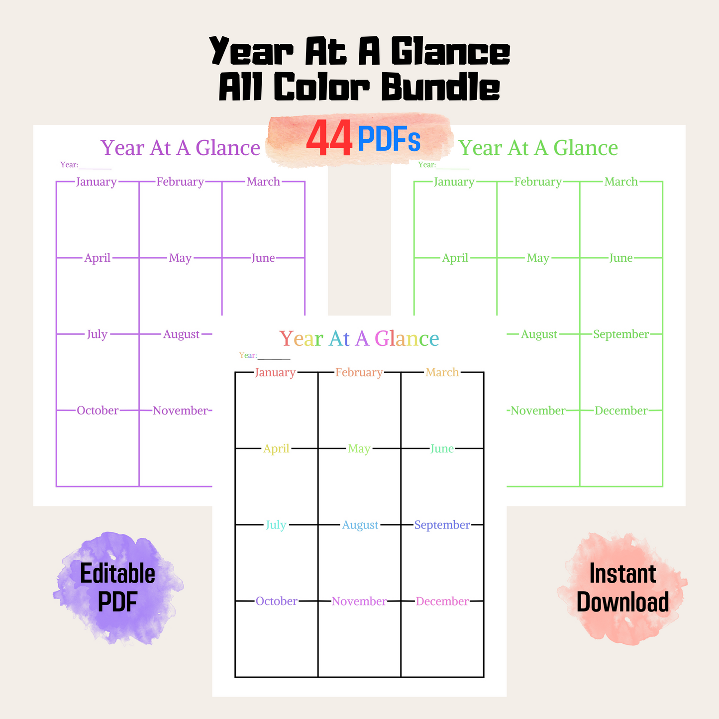 Editable Year at a Glance Planner Rainbow Color, Planner Refills, Printable Planner Inserts, Year Calendar 12 months, PDF Download