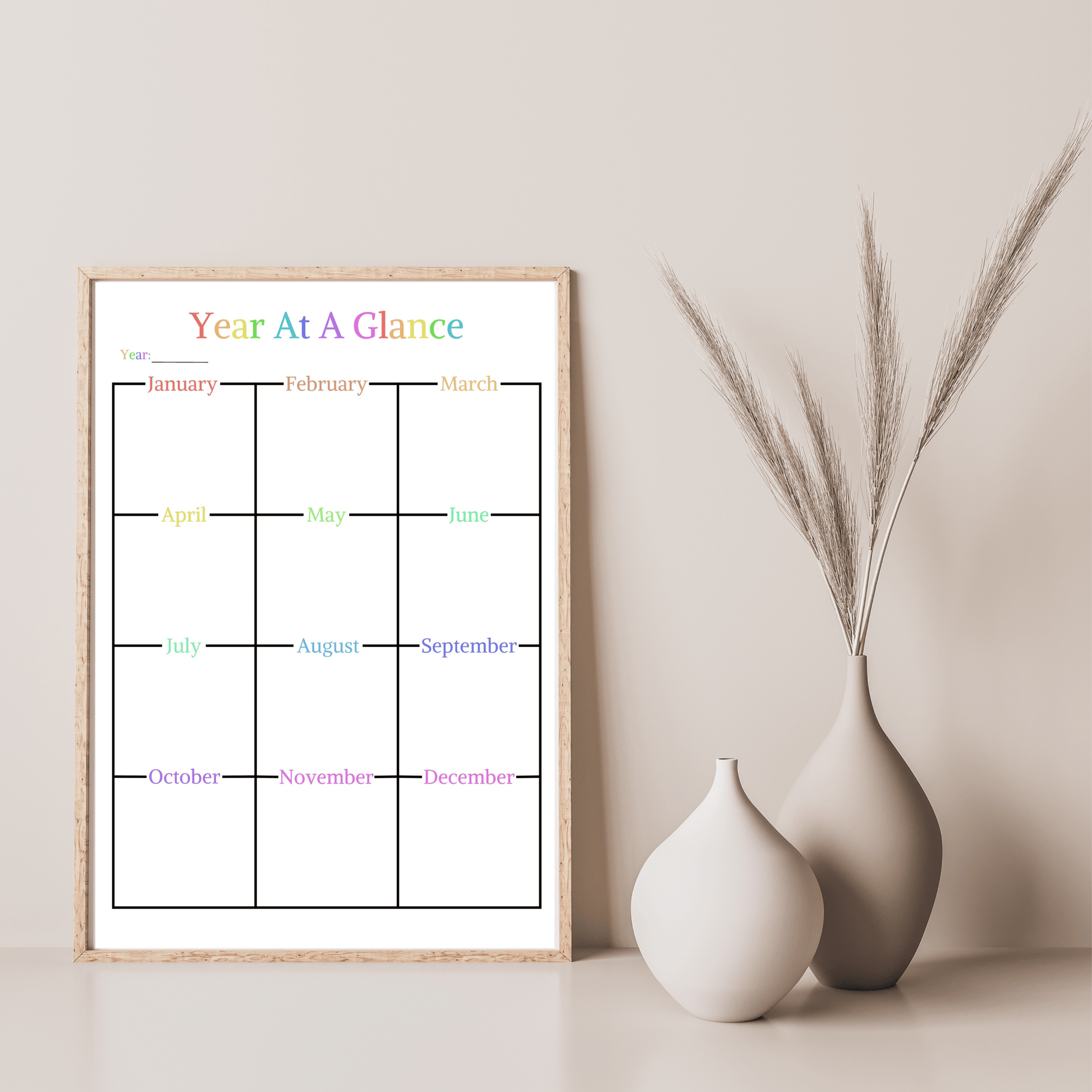 Editable Year At A Glance 2: Rainbow Color Print Out Demo