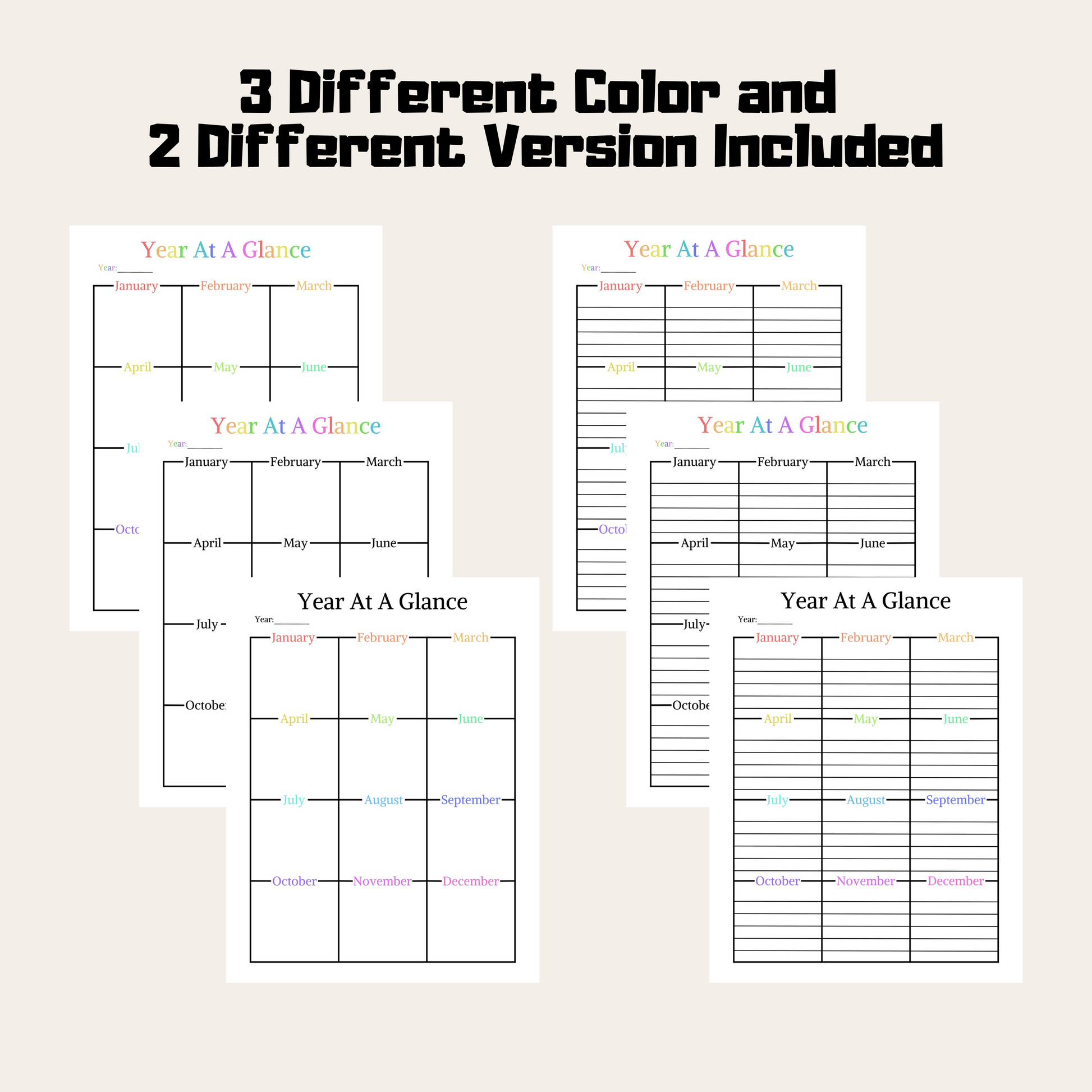 Editable Year At A Glance 2: Rainbow Color 3 Different Color and 2 Versions Included