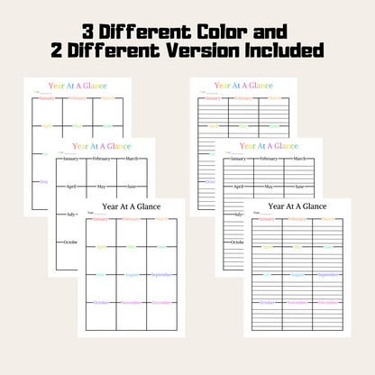 Editable Year At A Glance 2: Rainbow Color 3 Different Color and 2 Versions Included