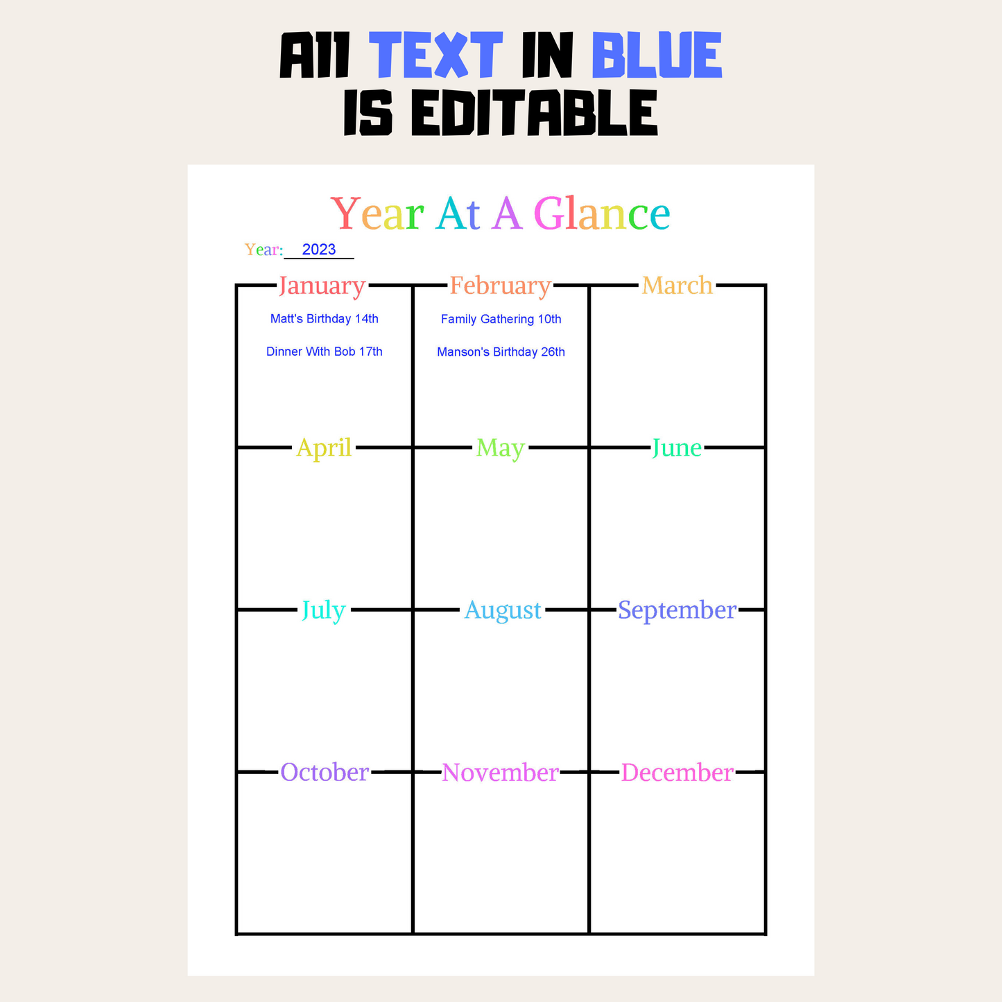 Editable Year At A Glance 2: Rainbow Color Editable Demo Display