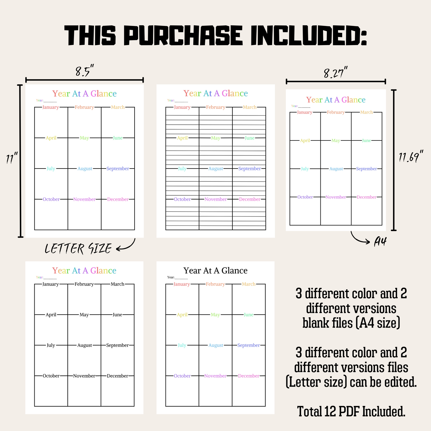 Editable Year At A Glance 2: Rainbow Color Product Information Details And Print Out Size Demo