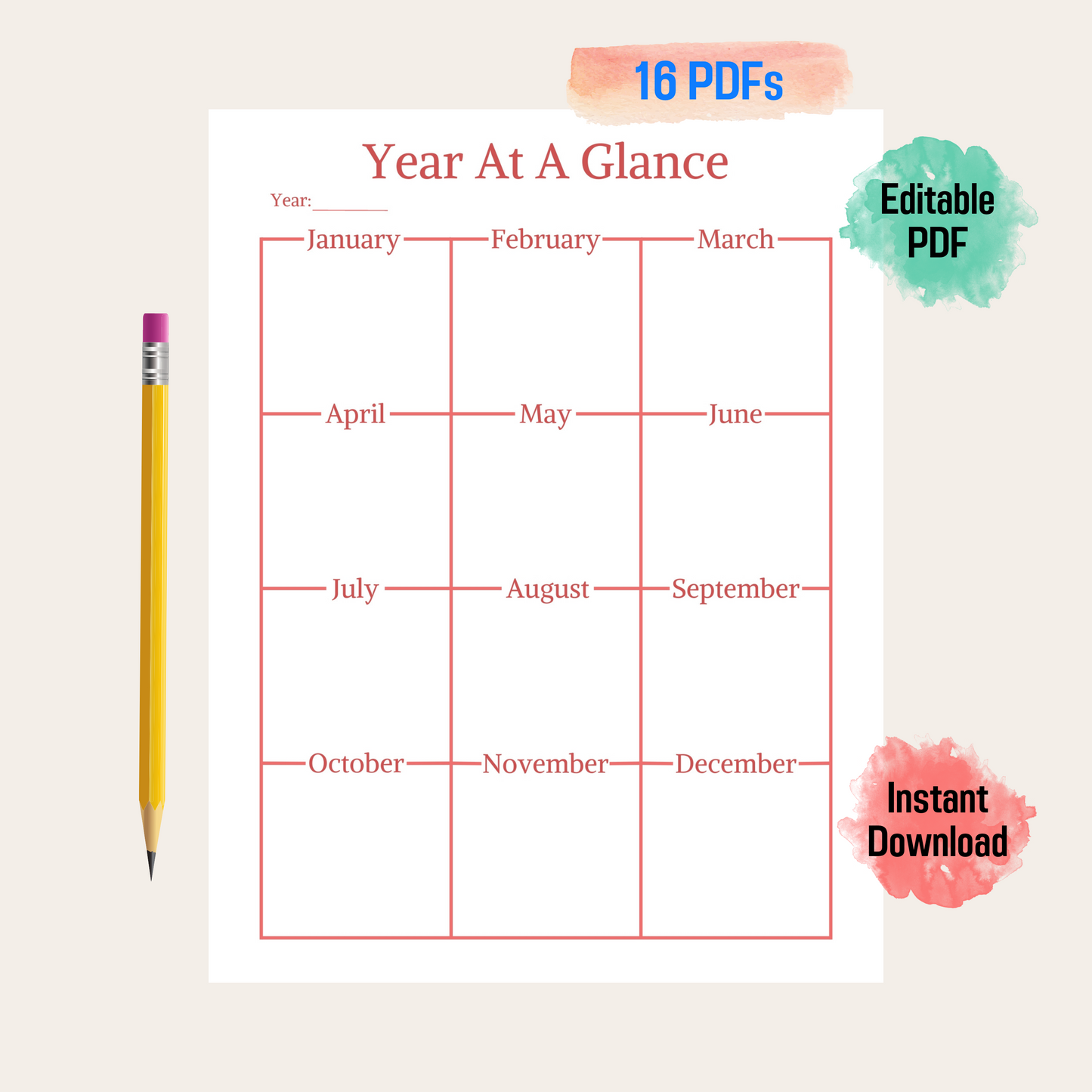 Editable Year at a Glance Planner Rainbow Color, Planner Refills, Printable Planner Inserts, Year Calendar 12 months, PDF Download