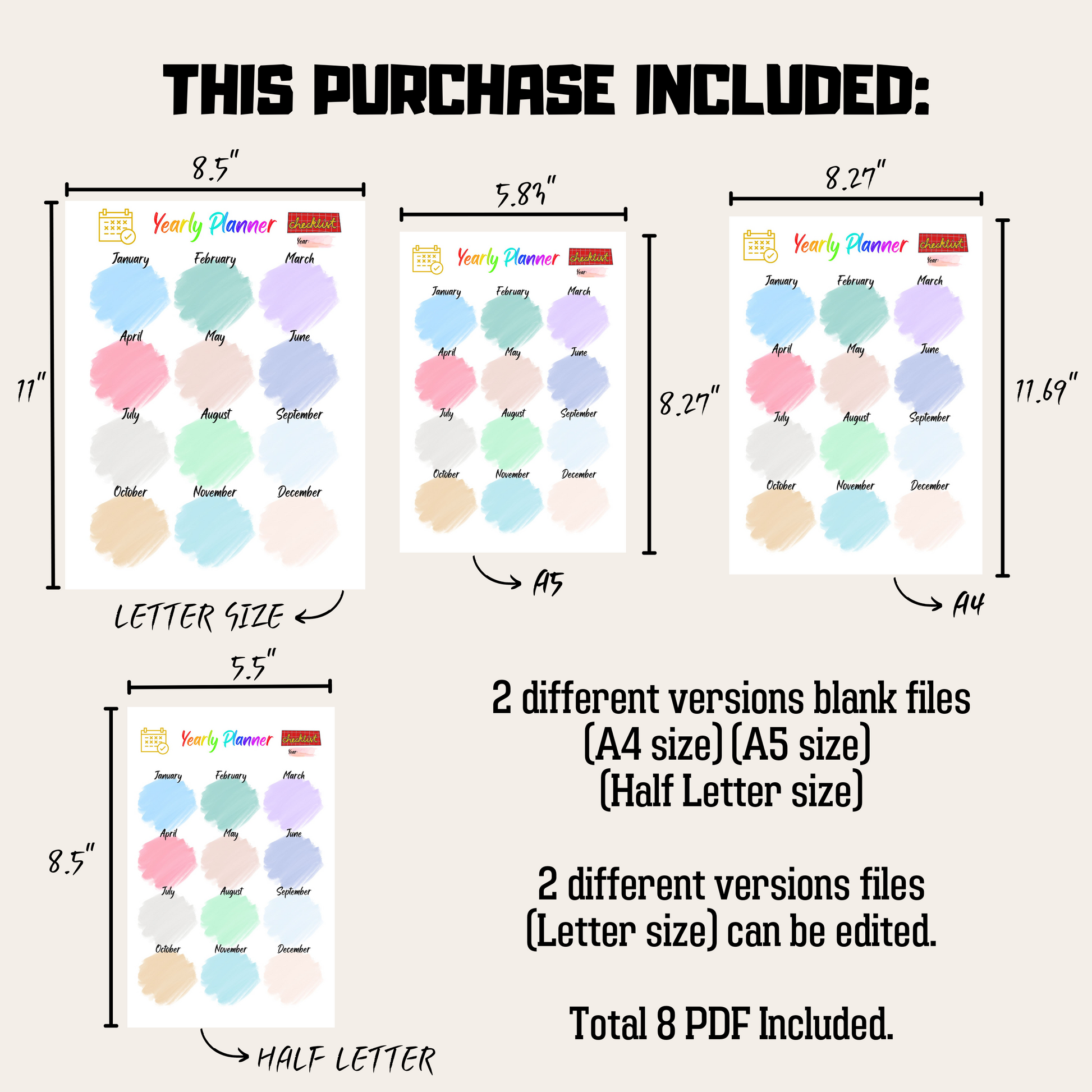 Editable Year At A Glance 3: Product Information Details And Print Out Size Demo