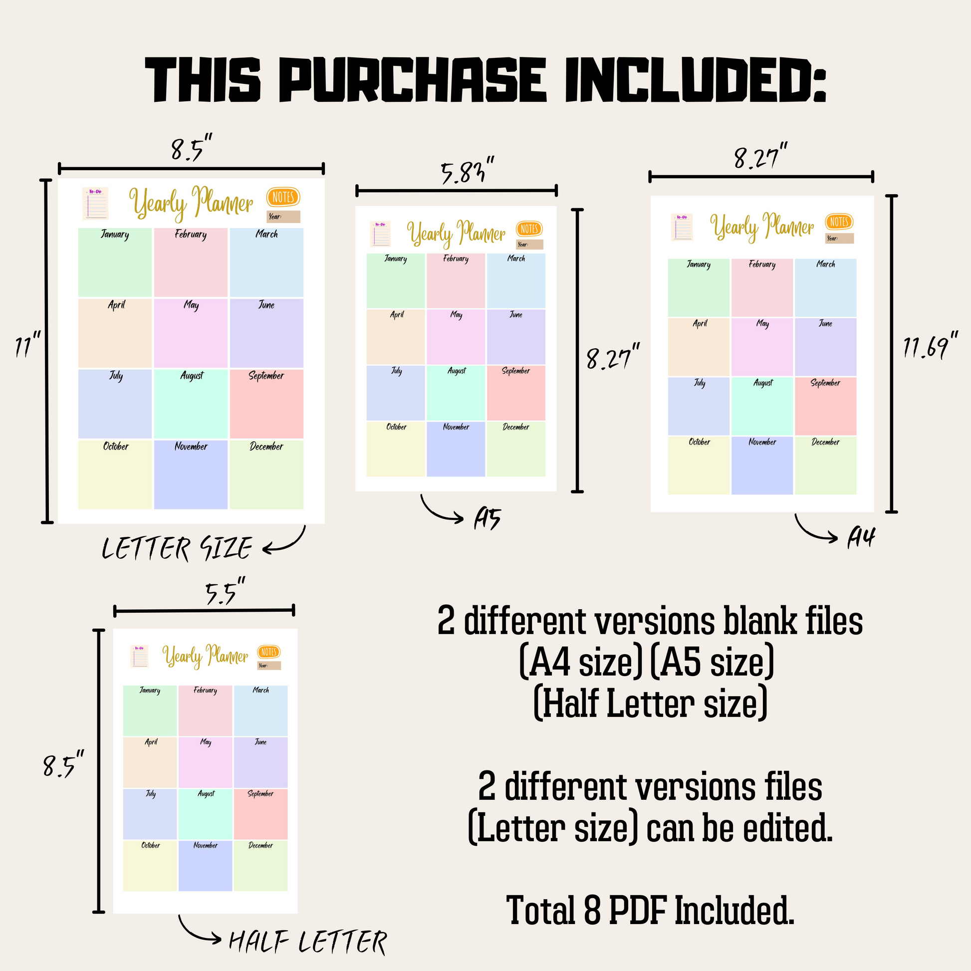 Editable Year At A Glance 4: Product Information Details And Print Out Size Demo