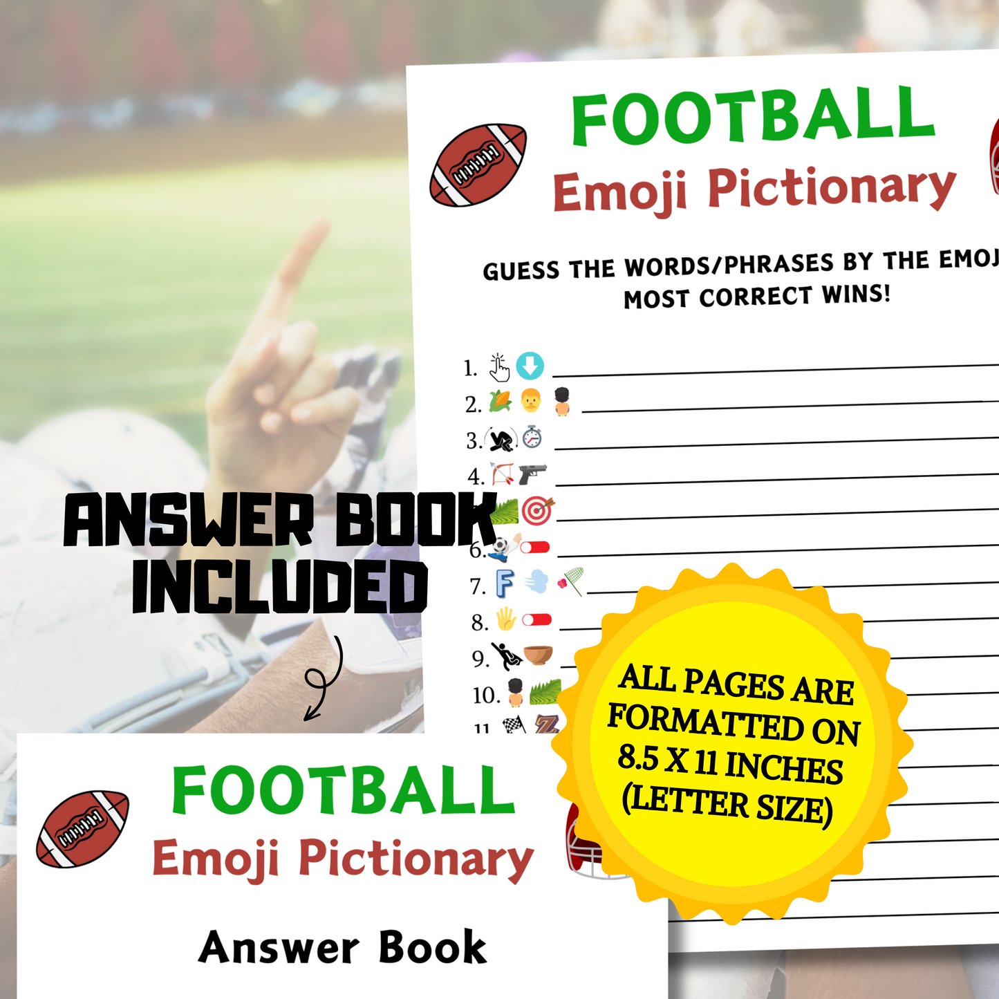 Football Emoji Pictionary Game | Printable American Football Emoji Game