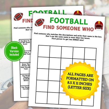 Football Find Someone Who Game | American Football Mix and Mingle Bingo Game