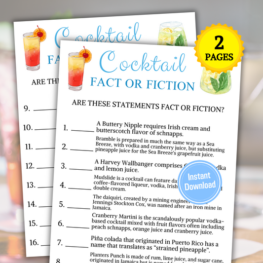 Cocktail Fact or Fiction Game | Printable Cocktail True or False Game