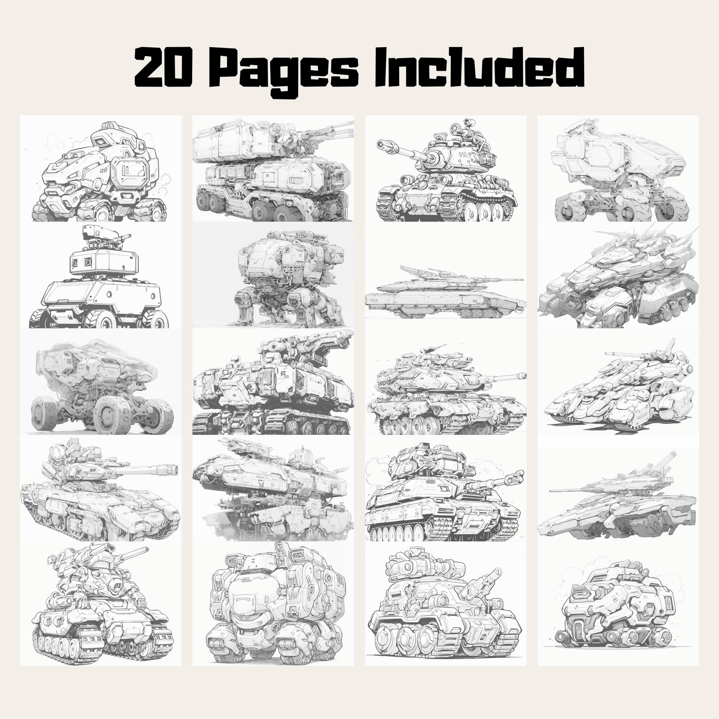 20 Pages Future Tank Coloring Book, Engaging Designs and Detailed Illustrations