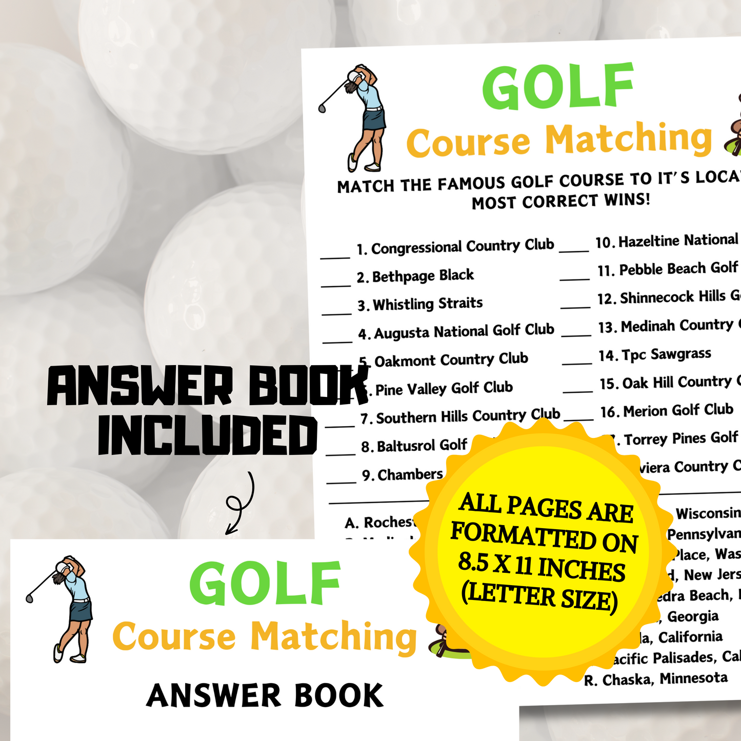Golf Course Matching Game | Printable Golf Match Up Game