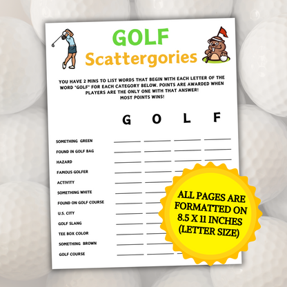 Golf Scattergories Game | Minimalist Golf Team Party Game