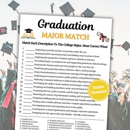 Graduation Major Match Game | Printable College Major Match Up Quiz