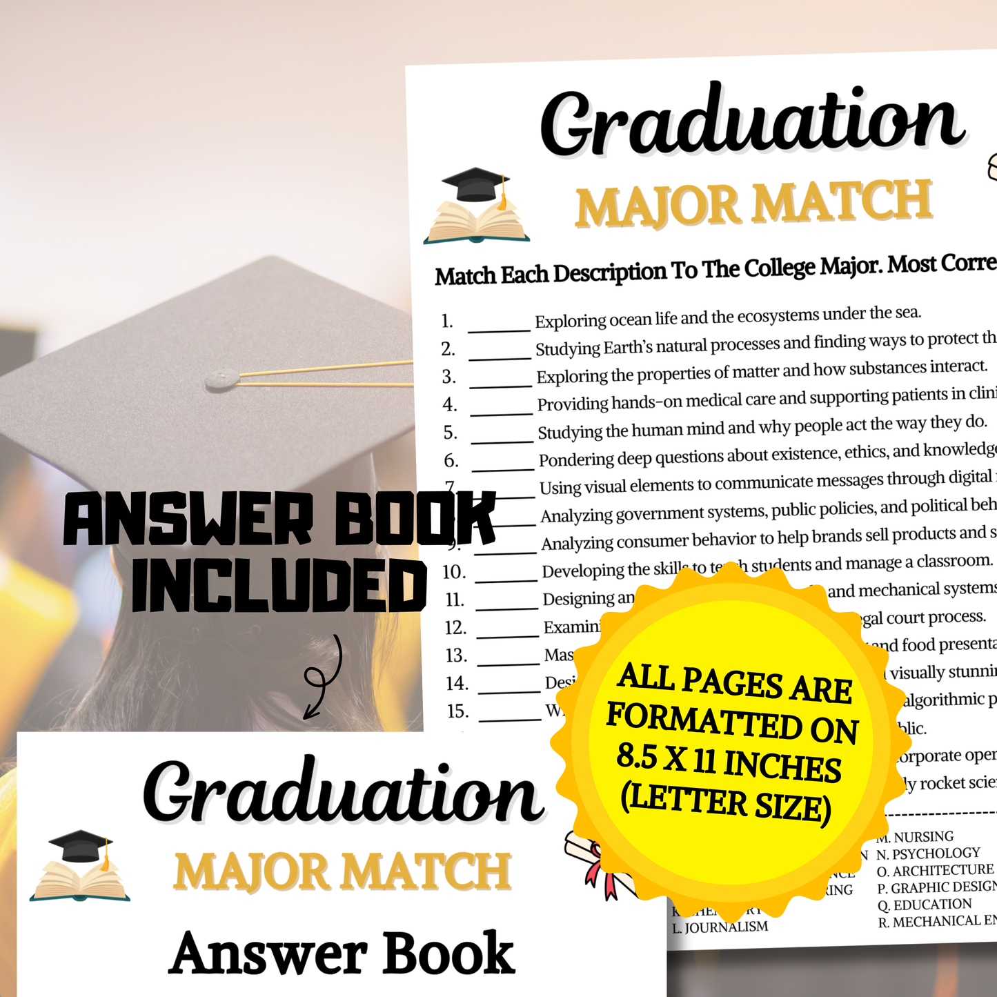 Graduation Major Match Game | Printable College Major Match Up Quiz