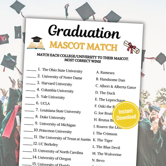 Graduation Mascot Match Game | Printable College Mascot Match Up Quiz