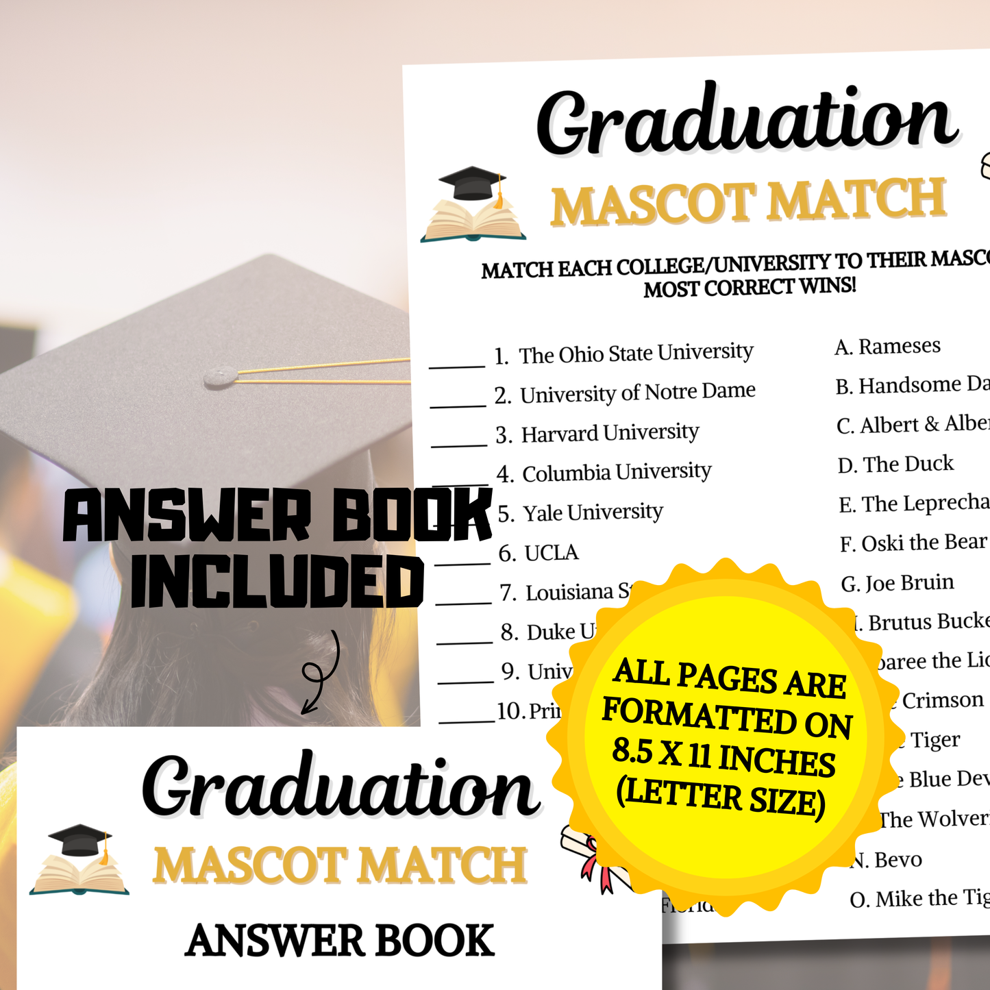 Graduation Mascot Match Game | Printable College Mascot Match Up Quiz