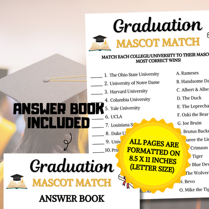 Graduation Mascot Match Game | Printable College Mascot Match Up Quiz
