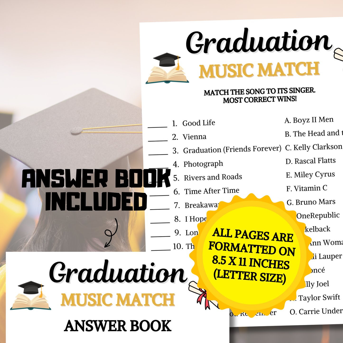 Graduation Music Match Game | Printable Graduation Music Match Up Quiz