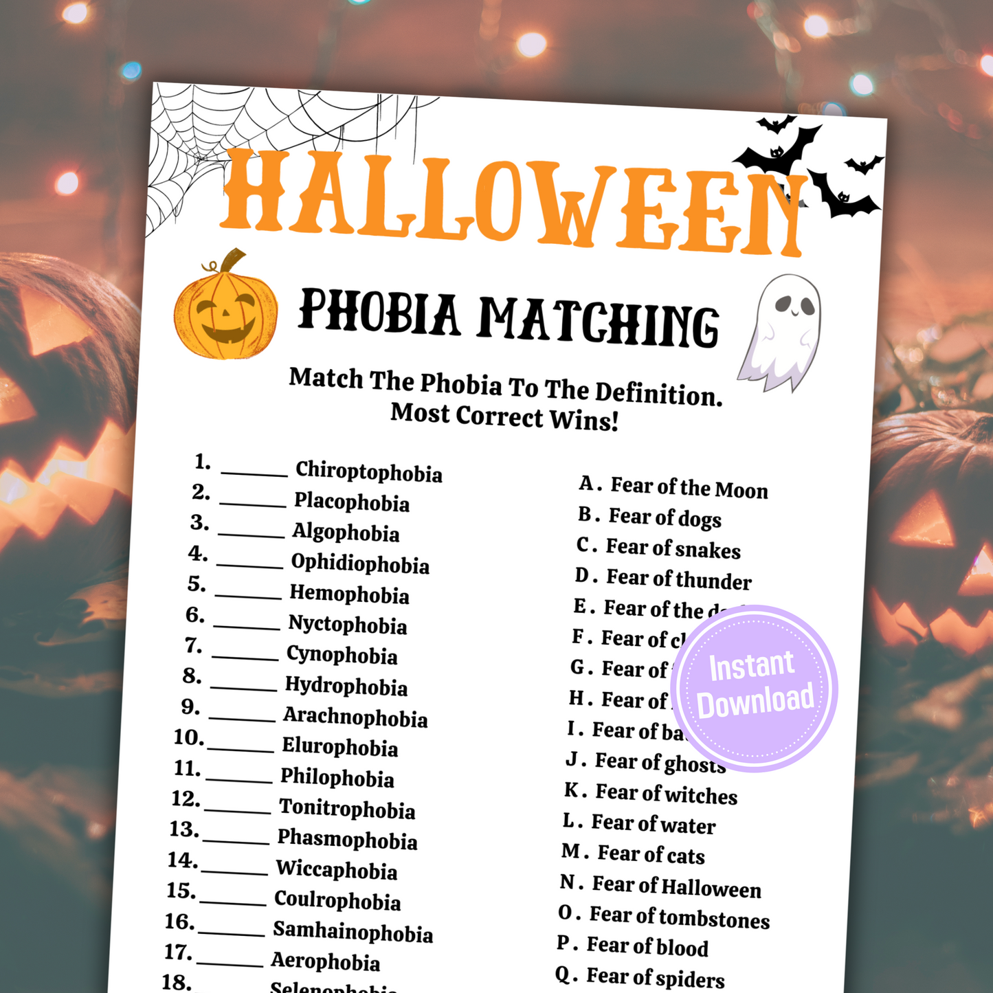 Halloween Phobia Matching Game | Spooky Halloween Trivia