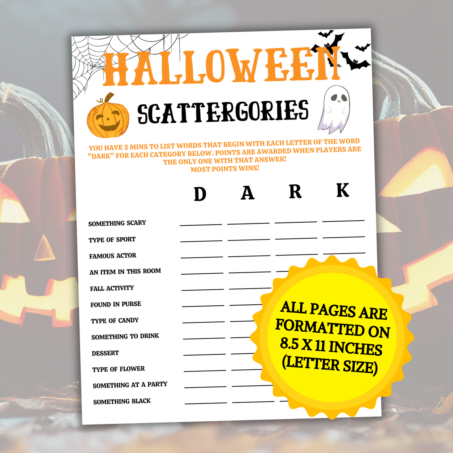 Halloween Scattergories Game | Halloween Think Fast Game