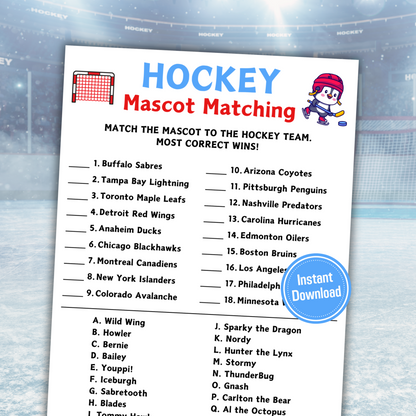Hockey Mascot Matching Game | Printable Hockey Trivia Game