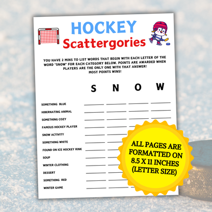 Hockey Scattergories Game | Minimalist Hockey Party Think Fast Game