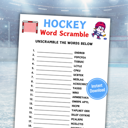 Hockey Word Scramble Game | Minimalist Hockey Party Think Fast Game