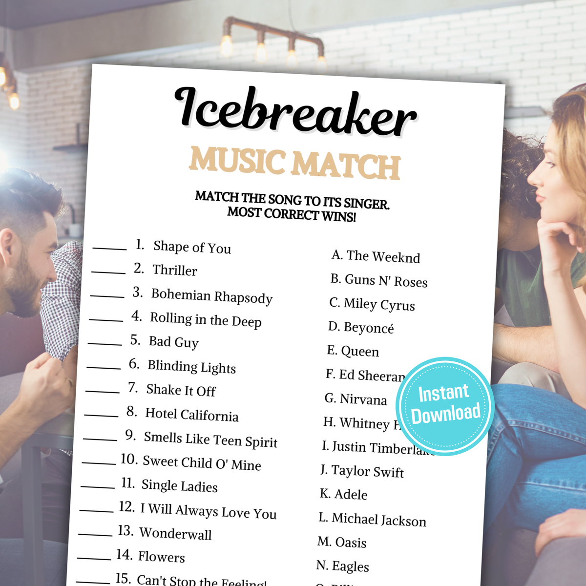 Icebreaker Music Match Game | Printable Icebreaker Music Match Up Quiz